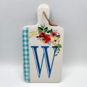 Monogram Cheese Board Initial “W”  Ceramic Checkered Plaid Floral Country Decor